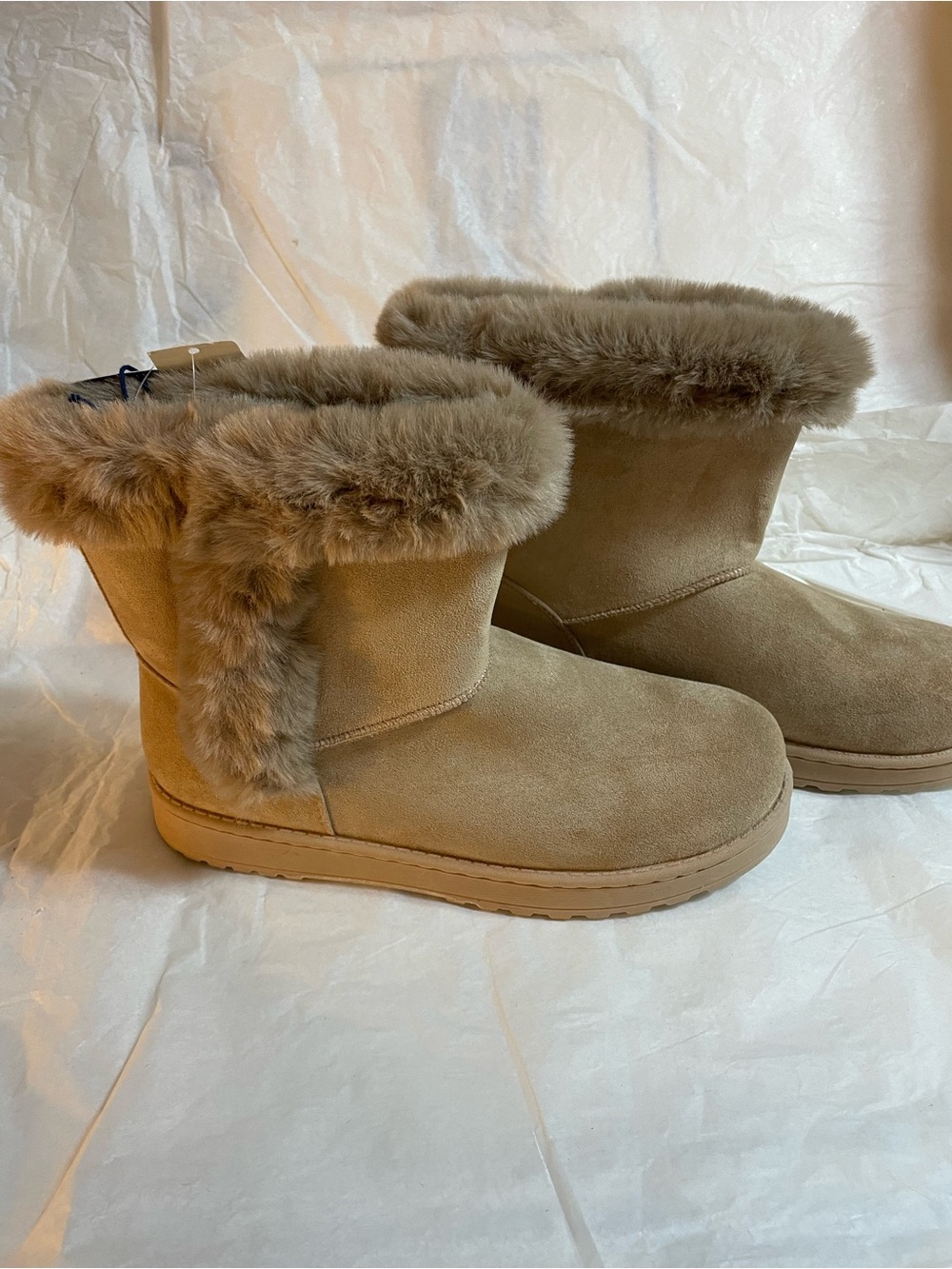 White Mountain Suede Faux-Fur Cuff Ankle Boots in Taupe